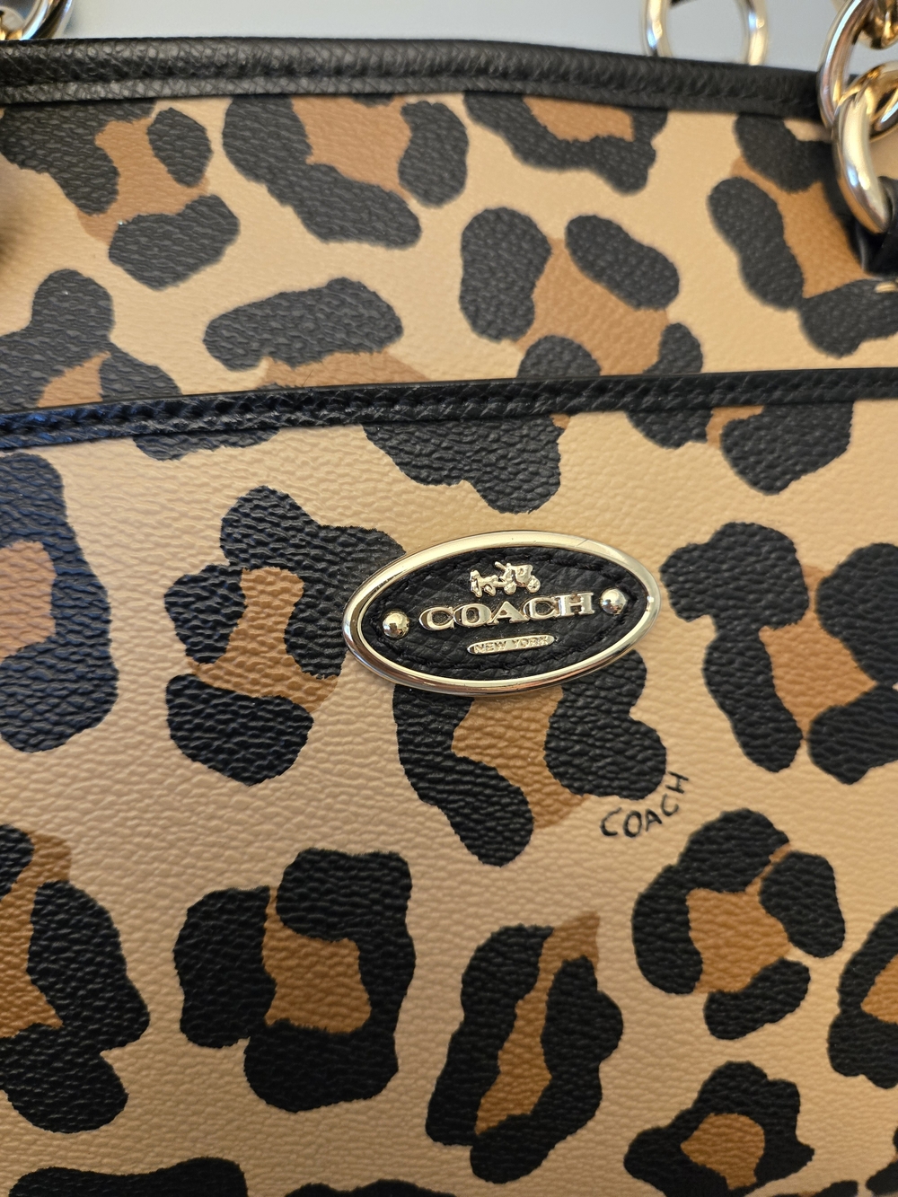 Coach Leopard-Print Leather Tote in Tan and Black with Gold Hardware - Picture 8 of 9